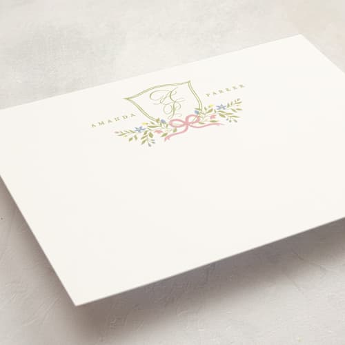 This is a spring personalized stationery thank you cards with standard by Zani van Zyl called pretty crest printing on signature in 5x7
