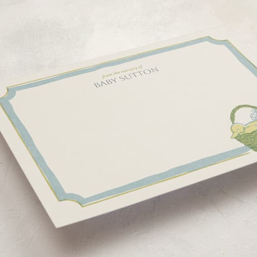 This is a puddle personalized stationery thank you cards with standard by Laura Leigh Davis called sleepy duck printing on signature in 5x7