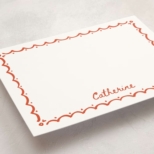 This is a coral personalized stationery thank you cards with standard by Becky Nimoy called inked scallops printing on signature in 5x7