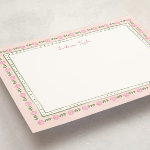 This is a blush personalized stationery thank you cards with standard by Creo Study called botanical border printing on signature in 5x7
