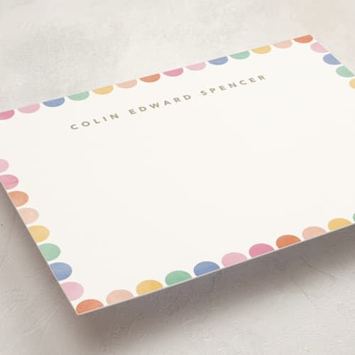 This is a rainbow personalized stationery thank you cards with standard by Creo Study called rainbow dots printing on signature in 5x7
