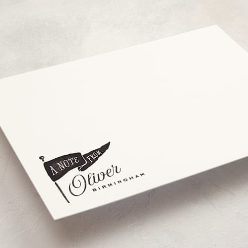 This is a licorice personalized stationery thank you cards with standard by Oscar and Emma - Karly Depew called vintage pennant printing on signature in 5x7