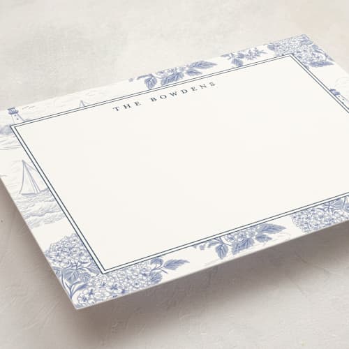 This is a periwinkle personalized stationery thank you cards with standard by Jenna Holcomb called coastal toile printing on signature in 5x7