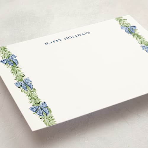 This is a frosted personalized stationery thank you cards with standard by Sarah Knight called plaid bows printing on signature in 5x7