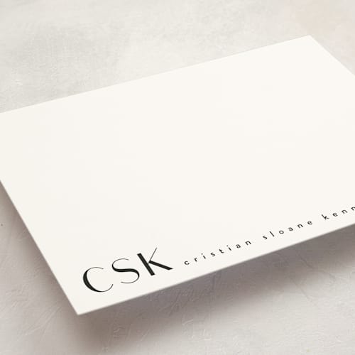 This is a noir personalized stationery thank you cards with standard by Angela Garrick called monogram corner printing on signature in 5x7