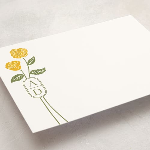 This is a buttercup personalized stationery thank you cards with standard by Jessica Yeo called cottage flowers printing on signature in 5x7