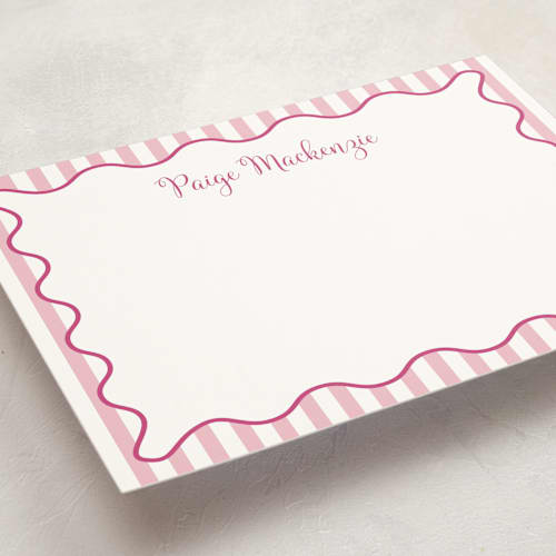 This is a bubblegum personalized stationery thank you cards with standard by Meredith Collie called stripes & squiggles printing on signature in 5x7