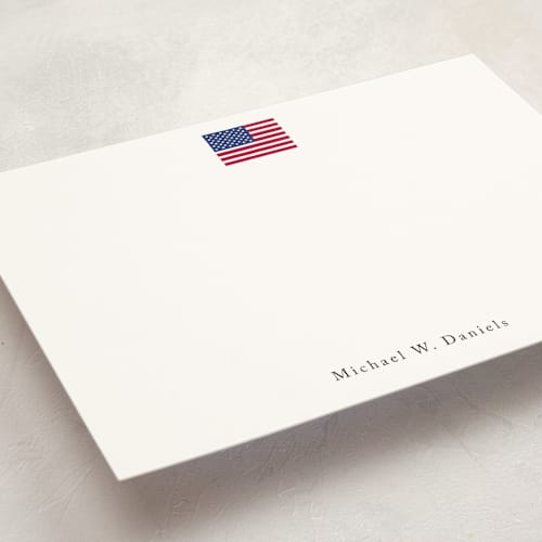 This is a parchment personalized stationery thank you cards with standard by Jennifer Lew called american flag printing on signature in 5x7