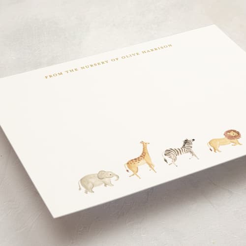 This is a butter personalized stationery thank you cards with standard by Sarah Knight called menagerie printing on signature in 5x7