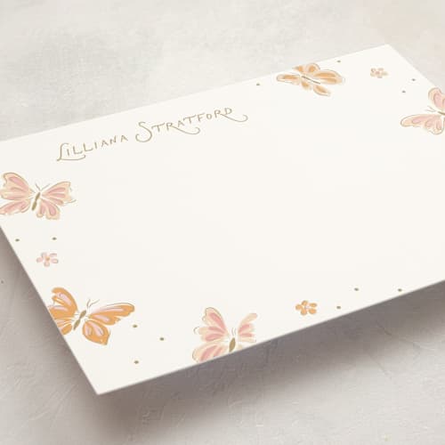 This is a flutter personalized stationery thank you cards with standard by Erin German called butterflies printing on signature in 5x7