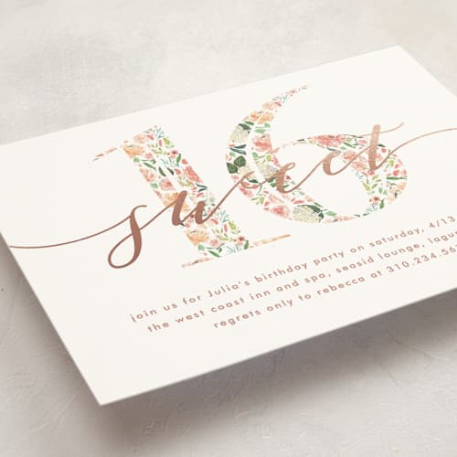 This is a peach sweet sixteen birthday party invitations with foil pressed by Becky Nimoy called floral filled 16 printing on signature in standard