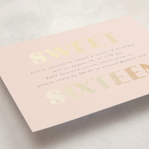 This is a blush sweet sixteen birthday party invitations with foil pressed by Angela Thompson called glittery printing on signature in standard