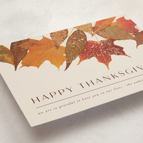 This is a spice thanksgiving cards invitations with foil pressed by Heather Schertzer called gilded autumn leaves printing on signature in standard