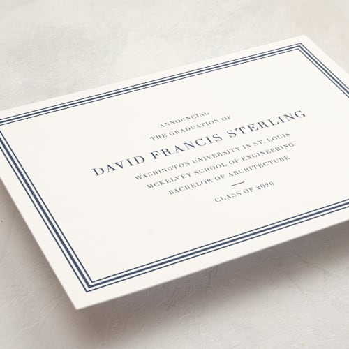 This is a navy graduation announcements with standard by Megan Davis called scholarly spirit printing on signature in standard