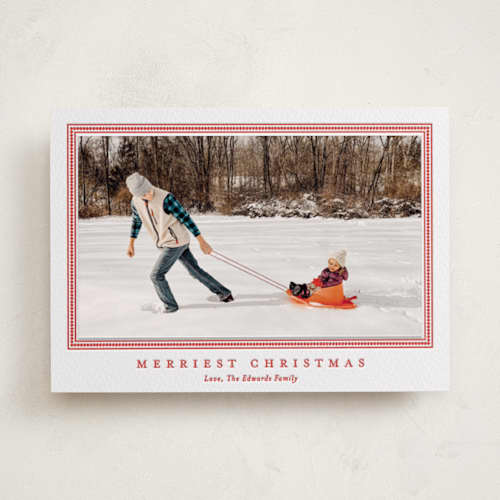 This is a ruby photo mount holiday cards with letterpress by Carolyn MacLaren called tailored chic frame printing on white cotton in photo_mount