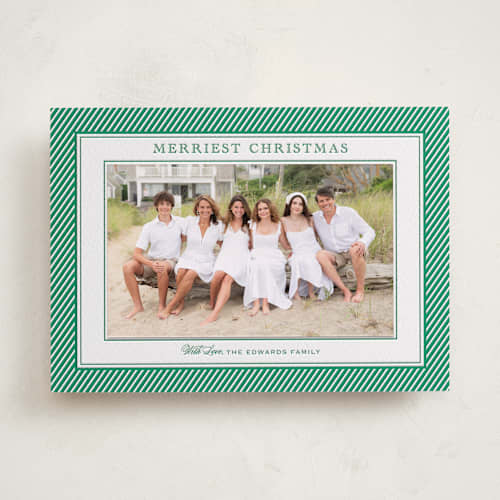This is a racing green photo mount holiday cards with letterpress by Carolyn MacLaren called sorbet stripes printing on white cotton in photo_mount