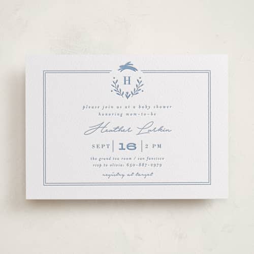 This is a pacific blue baby shower invitations with letterpress by Susan Brown called classic baby monogram printing on white cotton in standard