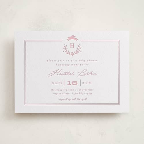 This is a peony baby shower invitations with letterpress by Susan Brown called classic baby monogram printing on white cotton in standard