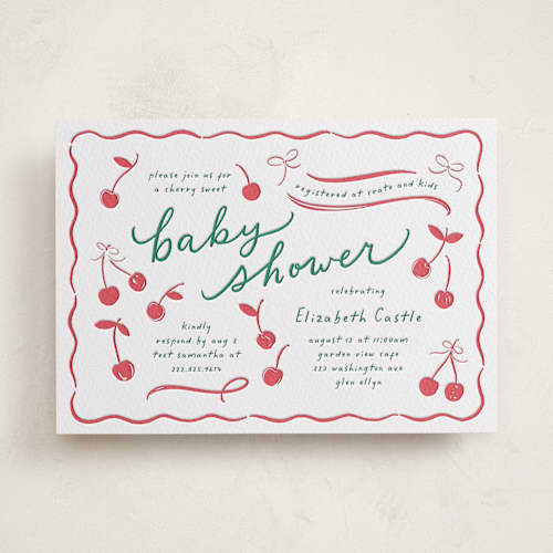This is a maraschino | evergreen baby shower invitations with letterpress by Erin German called cherry sweet printing on white cotton in standard