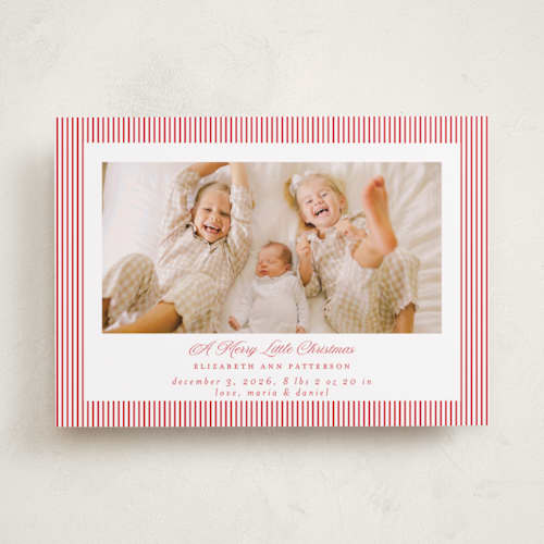 This is a cranberry babys first christmas with standard by Jennifer Holbrook called holiday baby stripes printing on recycled smooth signature in standard