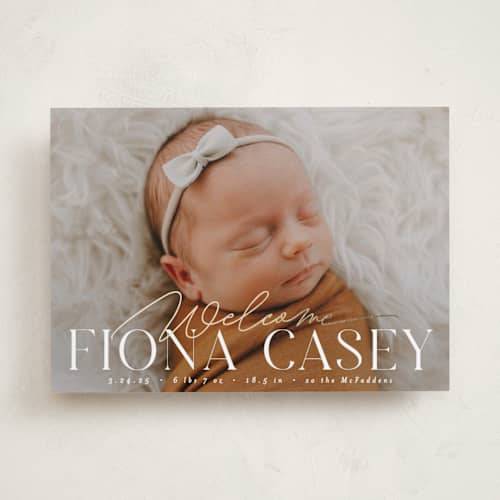 This is a cotton foil stamped birth announcements with foil pressed by Everett Paper Goods called welcoming printing on recycled smooth signature in standard