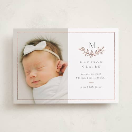 This is a lace foil stamped birth announcements with foil pressed by Jessica Williams called graceful laurels printing on recycled smooth signature in standard
