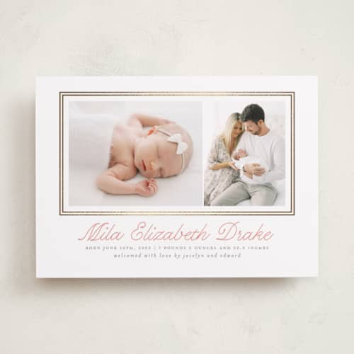 This is a melon foil stamped birth announcements with foil pressed by Laura Hankins called byline printing on recycled smooth signature in standard
