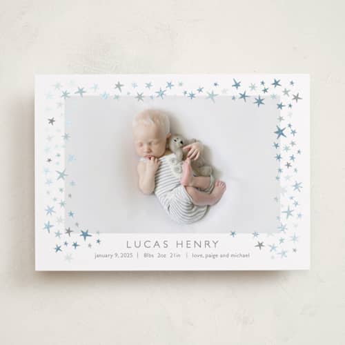 This is a cloud foil stamped birth announcements with foil pressed by Townsend Majors called shining star printing on recycled smooth signature in standard