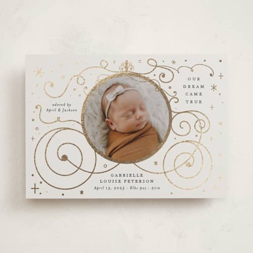 This is a ivory foil stamped birth announcements with foil pressed by Amy Payne called disney's cinderella carriage printing on recycled smooth signature in standard