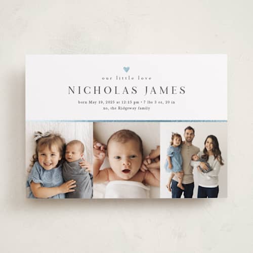 This is a sky foil stamped birth announcements with foil pressed by Melanie Kosuge called tiny heart printing on recycled smooth signature in standard