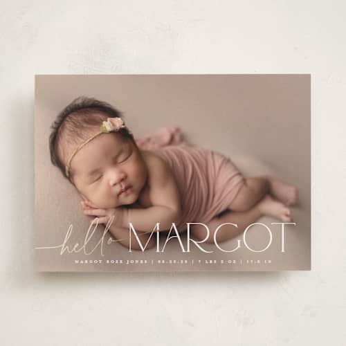 This is a cotton foil stamped birth announcements with foil pressed by Robert and Stella called a big hello printing on recycled smooth signature in standard