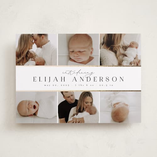 This is a vanilla foil stamped birth announcements with foil pressed by Nicole Walsh called six photo grid printing on recycled smooth signature in standard