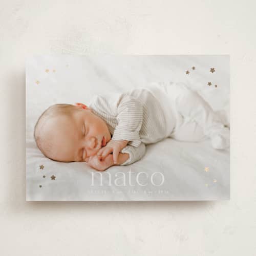 This is a cloud foil stamped birth announcements with foil pressed by Gwen Bedat called milky way printing on recycled smooth signature in standard