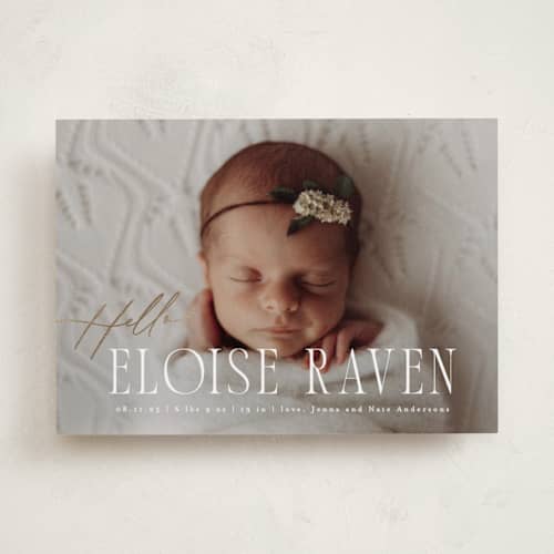 This is a marshmallow foil stamped birth announcements with foil pressed by Everett Paper Goods called cara printing on recycled smooth signature in standard