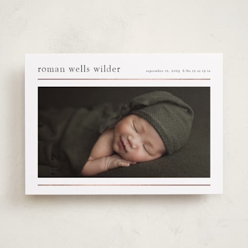 This is a cotton foil stamped birth announcements with foil pressed by Stacey Meacham called modern lines printing on recycled smooth signature in standard