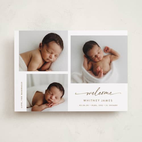 This is a sand foil stamped birth announcements with foil pressed by Carolyn MacLaren called appeal printing on recycled smooth signature in standard
