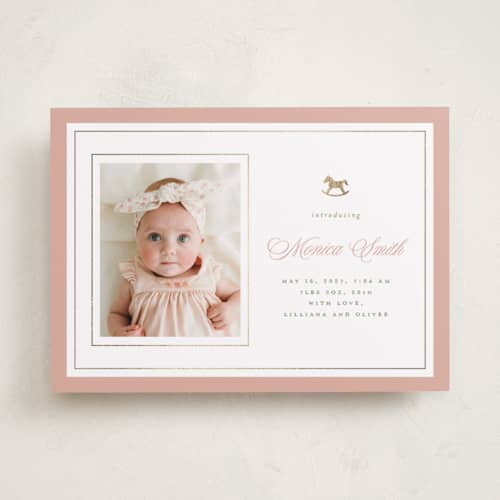 This is a cupcake foil stamped birth announcements with foil pressed by Christy Hy Lee called classic rocking horse printing on recycled smooth signature in standard