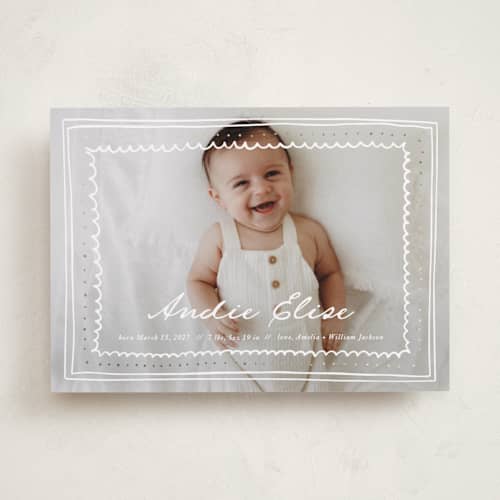 This is a daisy foil stamped birth announcements with foil pressed by Stephanie Heinrich Godbout called tiny treasure printing on recycled smooth signature in standard