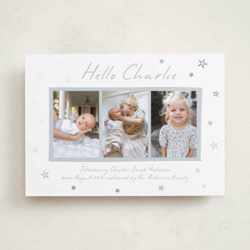 This is a starlight foil stamped birth announcements with foil pressed by Kamala Nahas called little stars printing on recycled smooth signature in standard