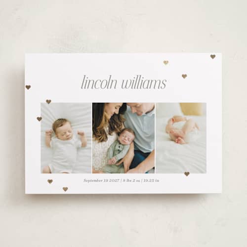 This is a linen foil stamped birth announcements with foil pressed by Robert and Stella called lots of love printing on recycled smooth signature in standard