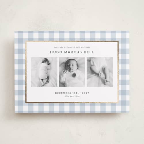 This is a powder foil stamped birth announcements with foil pressed by letterfix called soft gingham printing on recycled smooth signature in standard