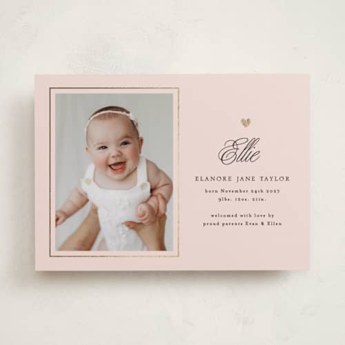 This is a blush foil stamped birth announcements with foil pressed by Alethea and Ruth called tiny heart detail printing on recycled smooth signature in standard