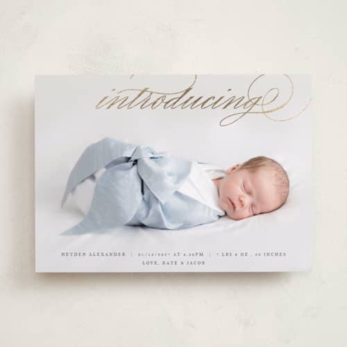 This is a cloud foil stamped birth announcements with foil pressed by Selima Akhter called script intro printing on recycled smooth signature in standard