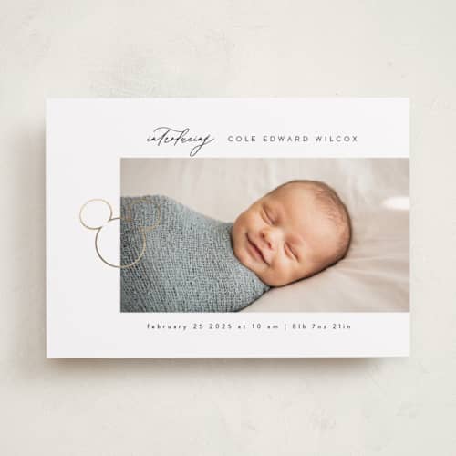 This is a marshmallow foil stamped birth announcements with foil pressed by Tamara Hilje called disney's mickey mouse clip printing on recycled smooth signature in standard