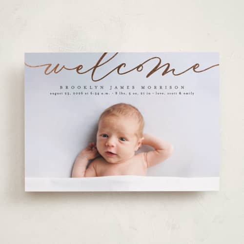 This is a charcoal foil stamped birth announcements with foil pressed by Erica Krystek called welcome ribbon printing on recycled smooth signature in standard