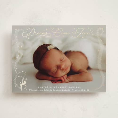 This is a stardust foil stamped birth announcements with foil pressed by Kamala Nahas called disney's tinkerbell dreams come true birth announcement printing on recycled smooth signature in standard