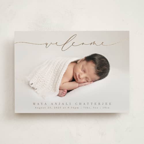 This is a fawn foil stamped birth announcements with foil pressed by Olivia Raufman called blissful welcome printing on recycled smooth signature in standard