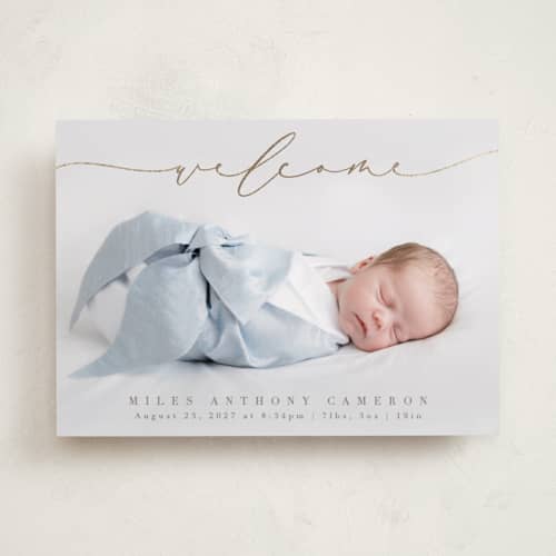 This is a fawn foil stamped birth announcements with foil pressed by Olivia Raufman called blissful welcome printing on recycled smooth signature in standard