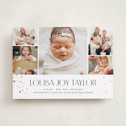 This is a pearl foil stamped birth announcements with foil pressed by Alethea and Ruth called star slideshow printing on recycled smooth signature in standard