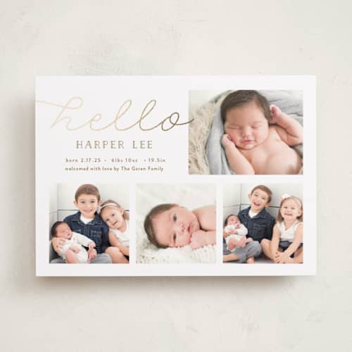 This is a honey foil stamped birth announcements with foil pressed by Carolyn MacLaren called glittering hello printing on recycled smooth signature in standard